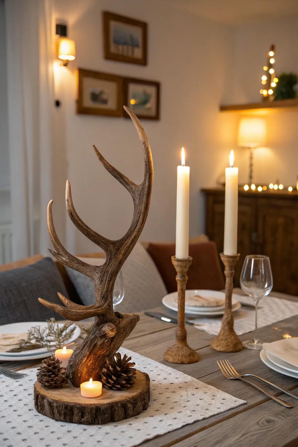 Antler candle stands cast a comforting, welcoming glow in a dining area, enhancing entertainment.