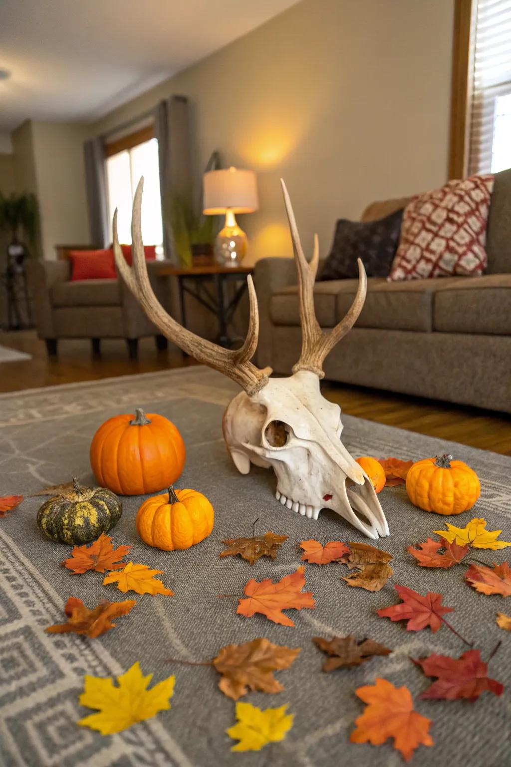 Festive details incorporate a seasonal detail to a deer skull exhibit.