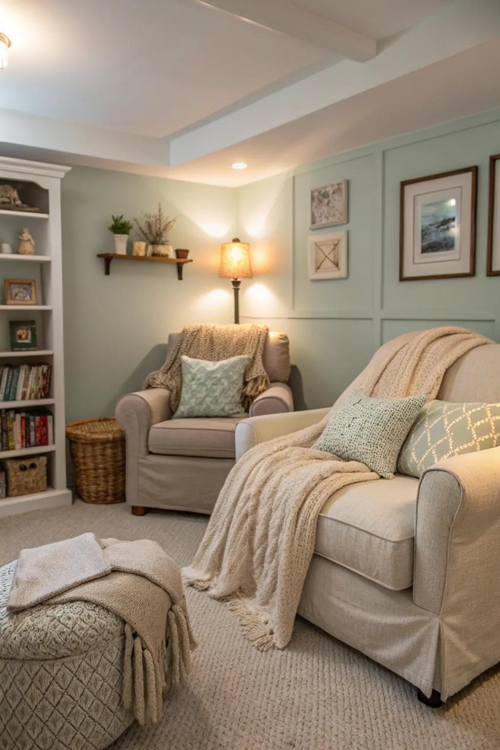 Soft textures make a peaceful getaway in the den.