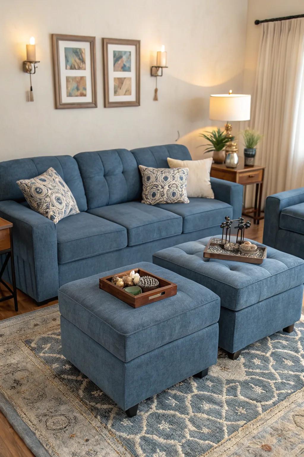 Practical furnishings enhance the aesthetic of a cerulean settee.