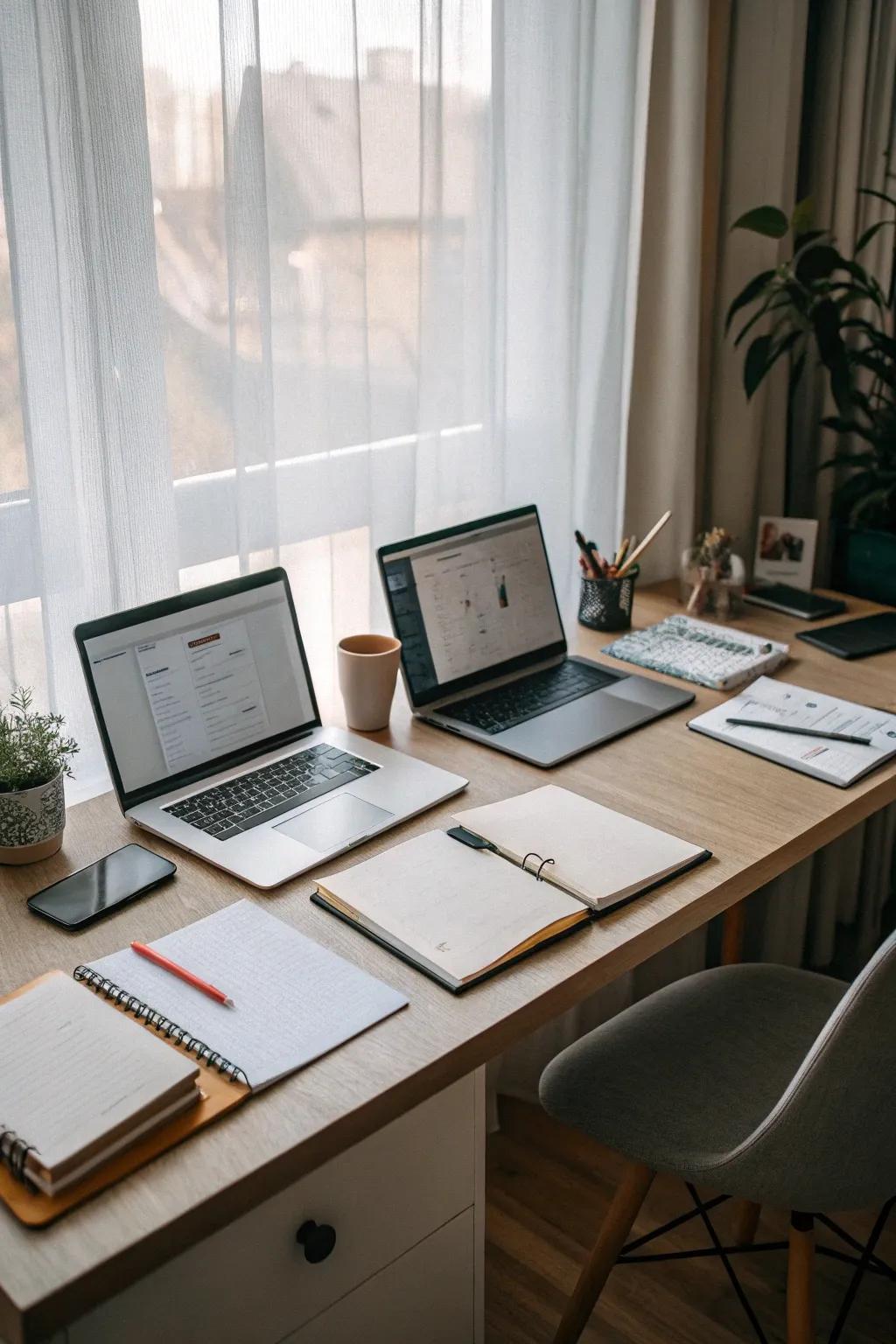 A joint workspace setup ideal for collaborative environments.