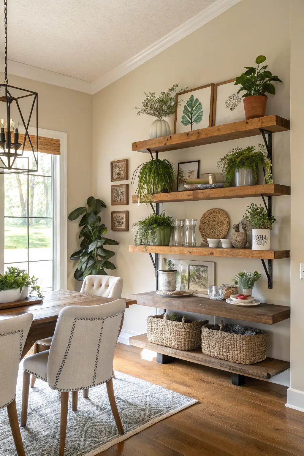 Floating shelves combine style and functionality on accent walls.