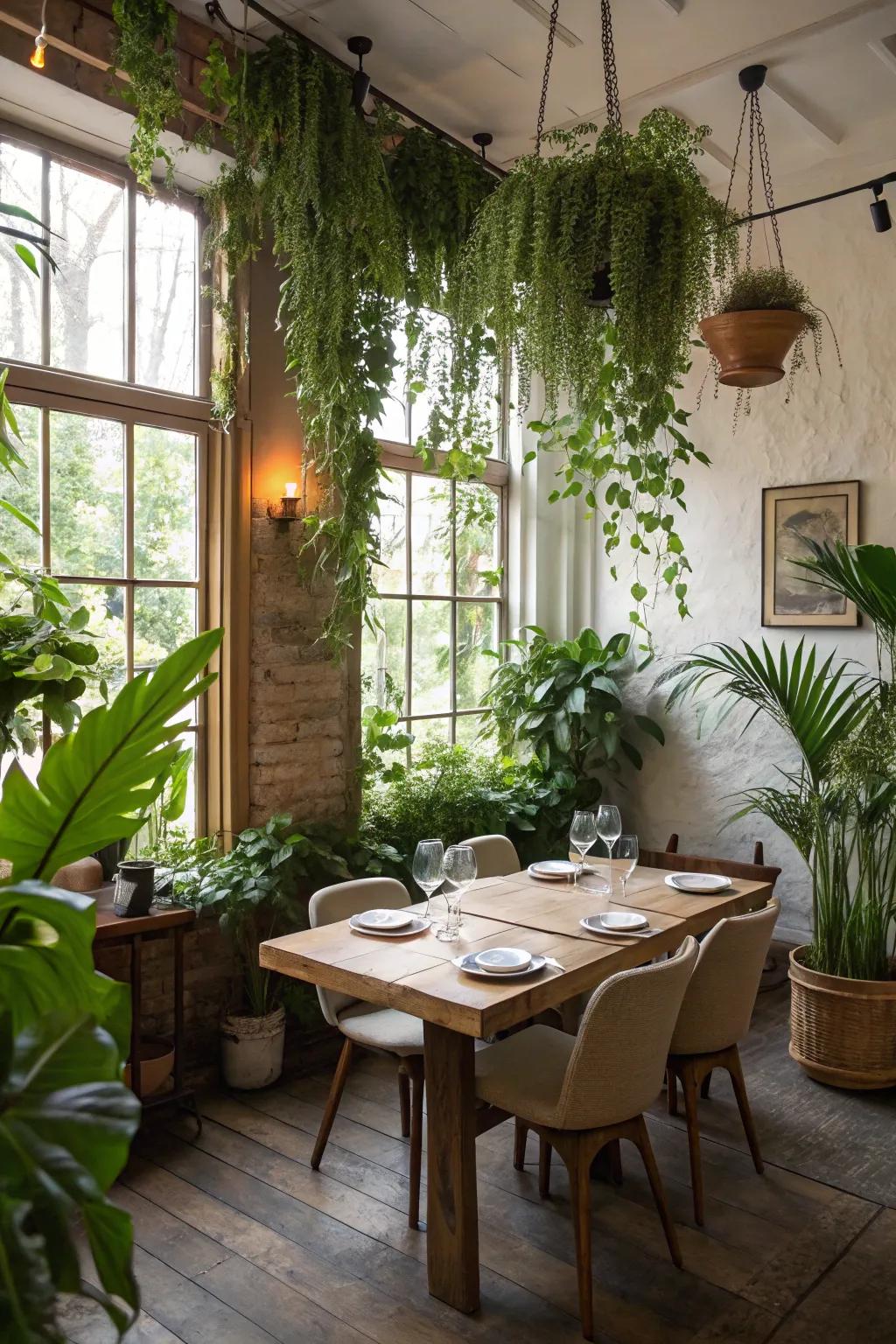 Foliage that enlivens the dining area with a natural touch.