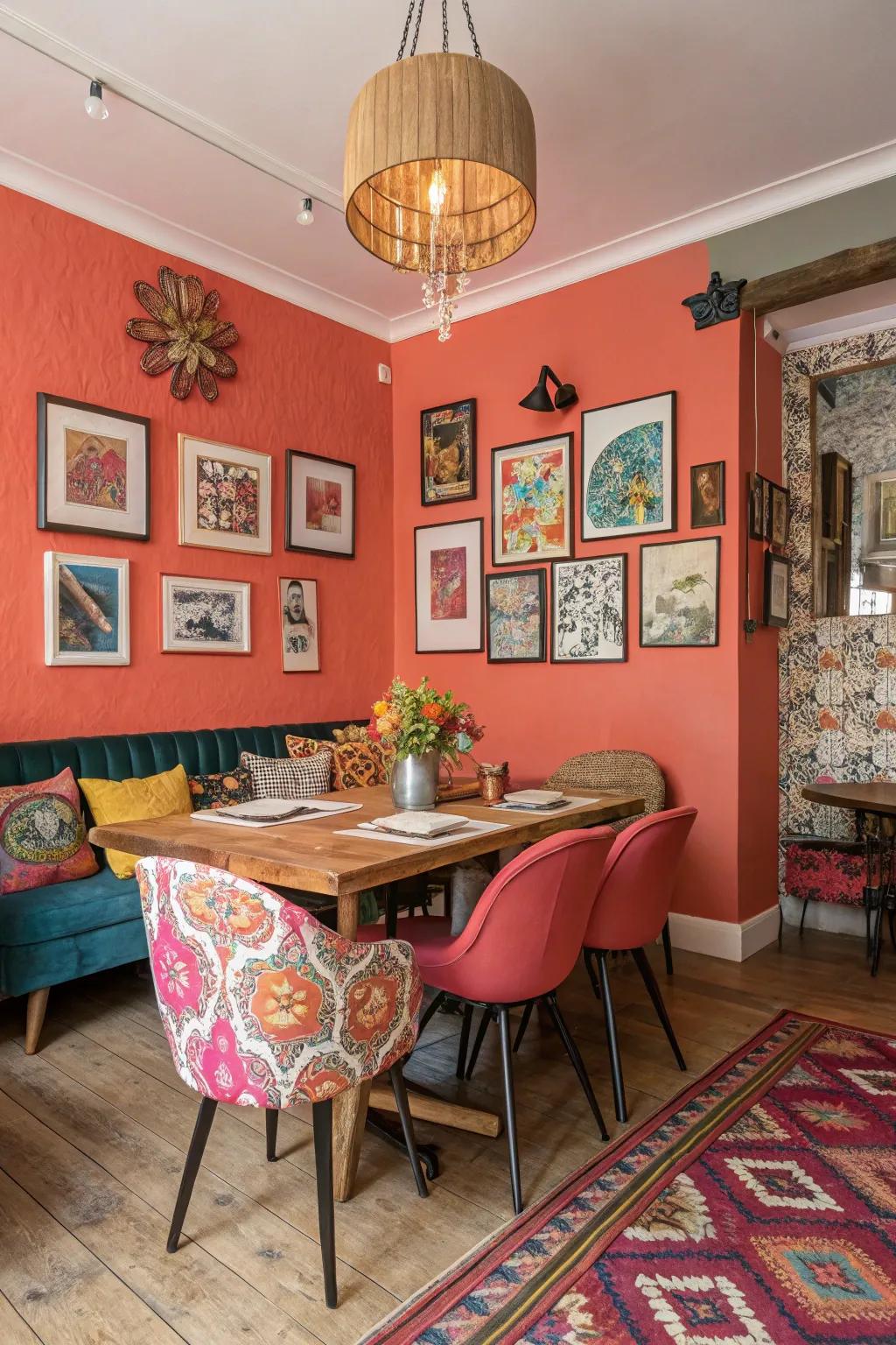 A lively dining space is energized by the vibrant hue of coral.