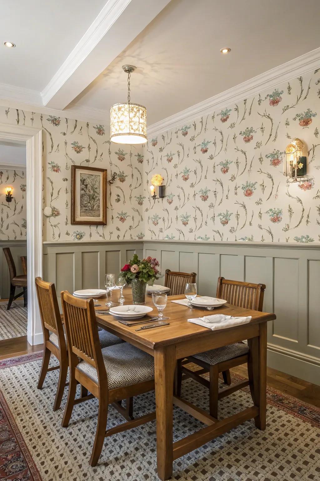 The dining space is made more playful by the whimsical wallpaper and wainscoting combination.