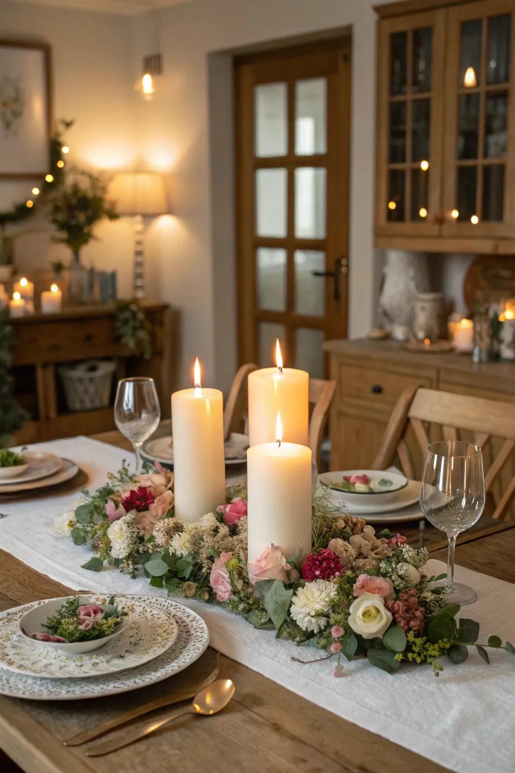 Nature's embrace: Candle rings add a floral detail.