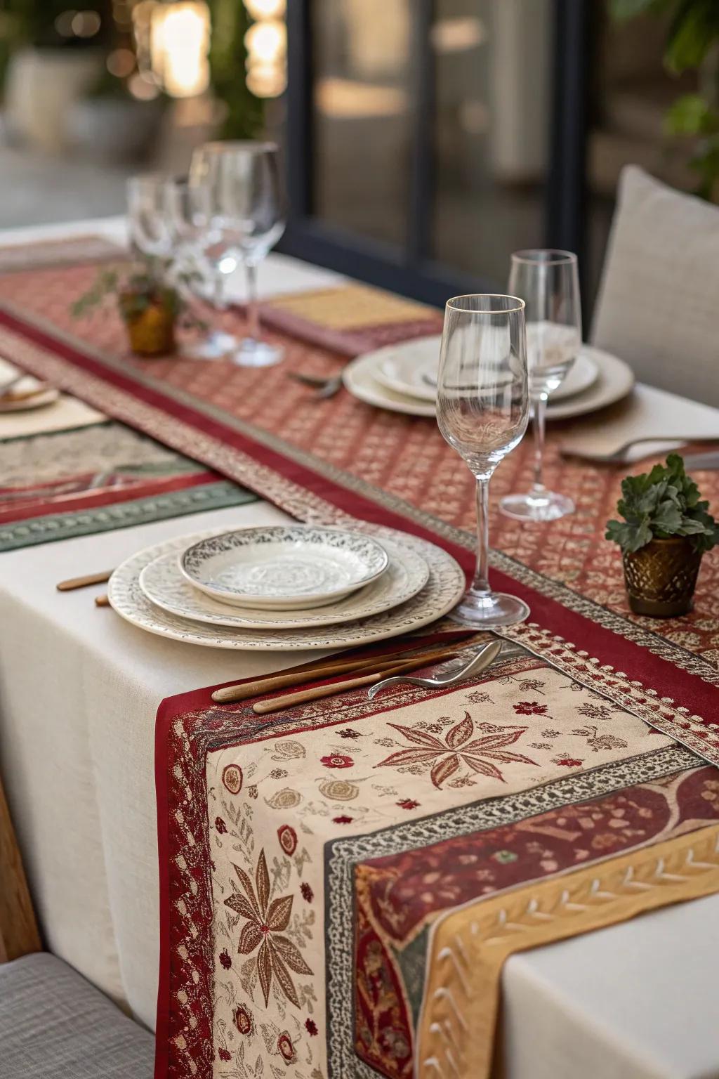 Layered fabrics enhance depth and warmth to your dining table decor.