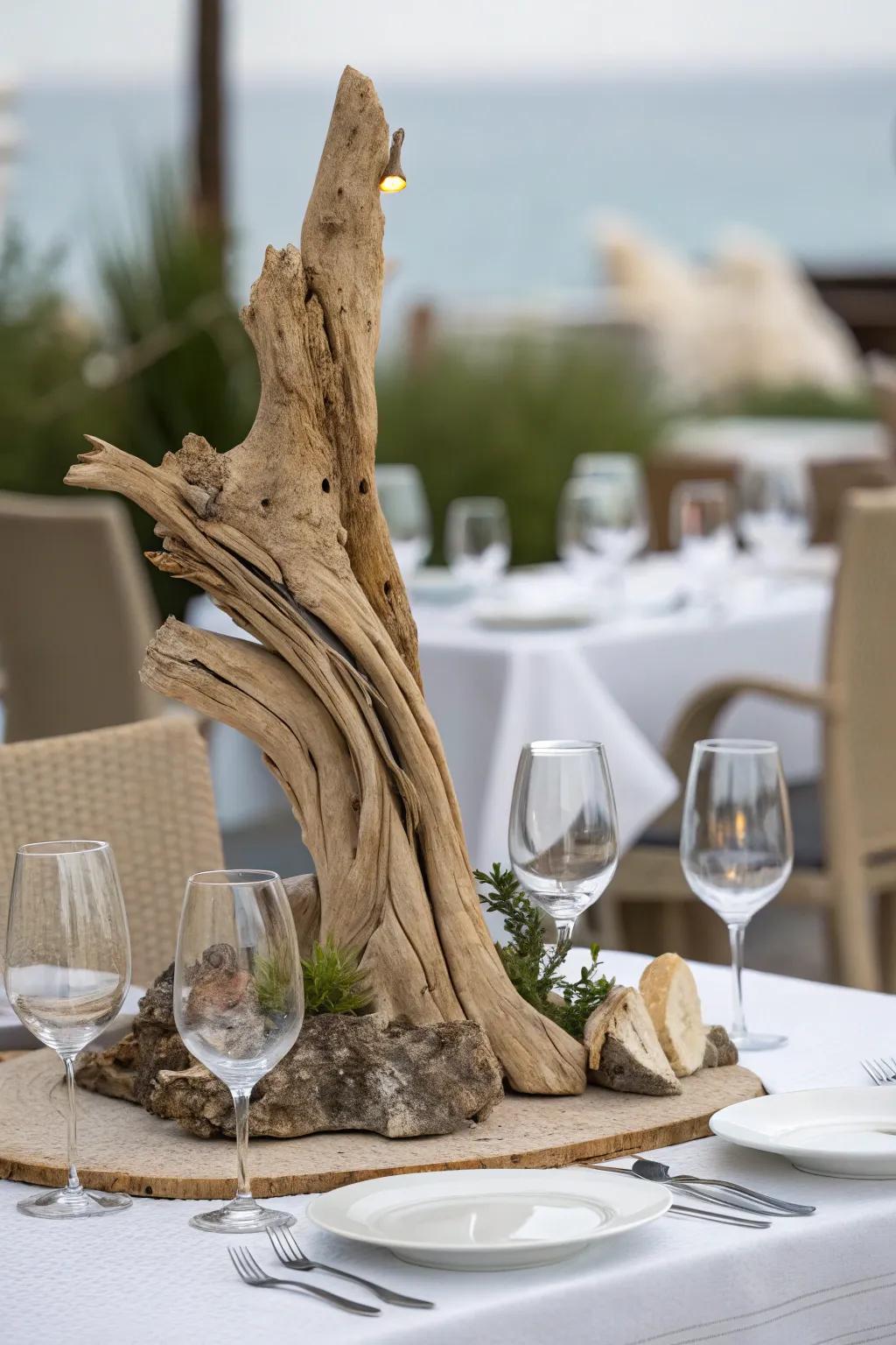 A dining table exhibiting an unconventional centerpiece.