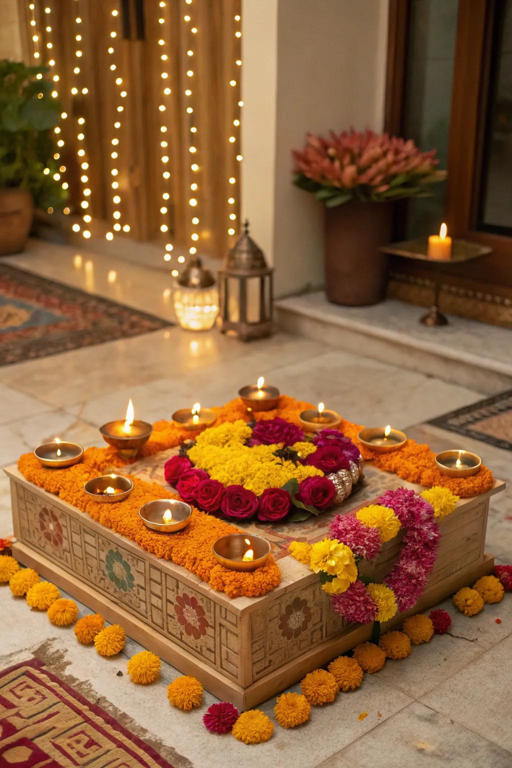 Elegant chowki decorations add a traditional touch.