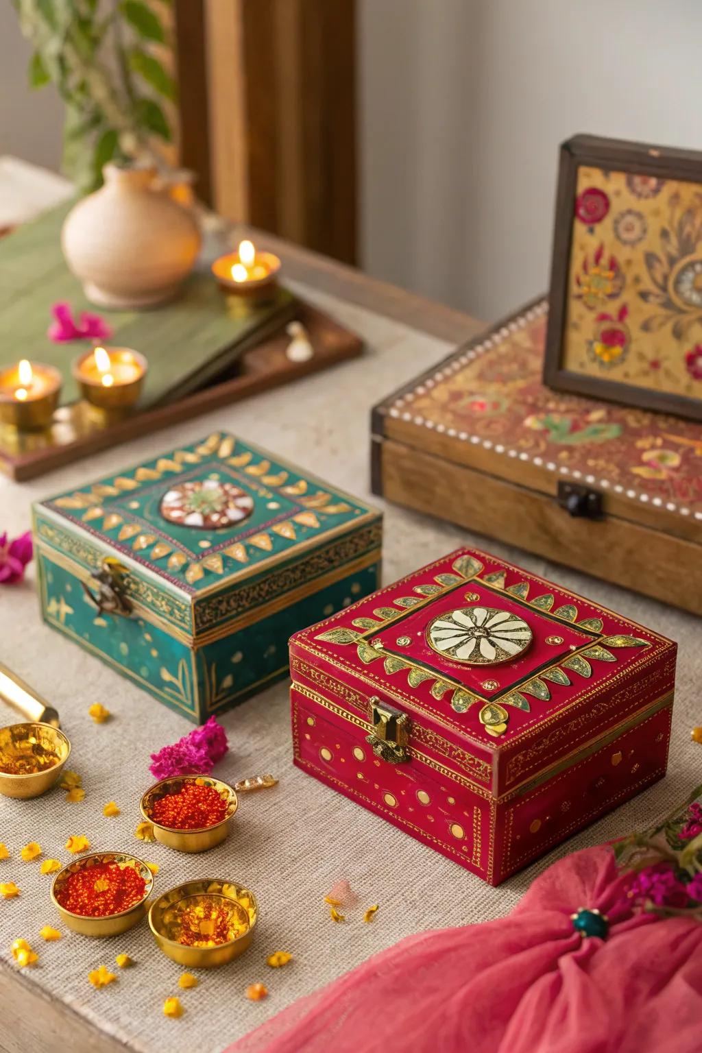 Finely detailed jewelry boxes serve as unique decor pieces on the Diwali table.