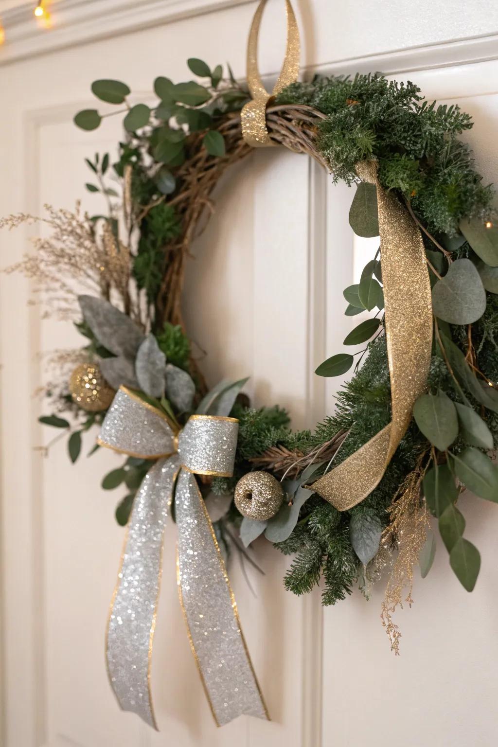 Incorporate a scintilla of radiance into your holiday embellishments through this glamorous bespoke wreath, seamlessly fusing minimalist sophistication with festive glimmer.
