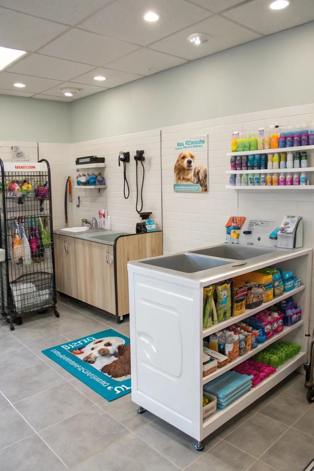 A functional retail corner showcasing appealing pet wares.