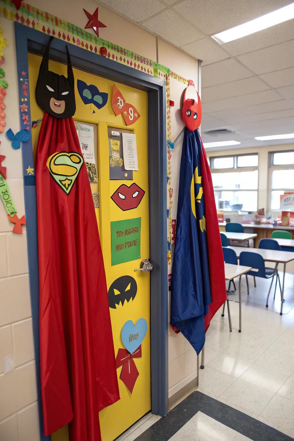 A superhero-themed doorway encouraging pupils to become their personal heroes.
