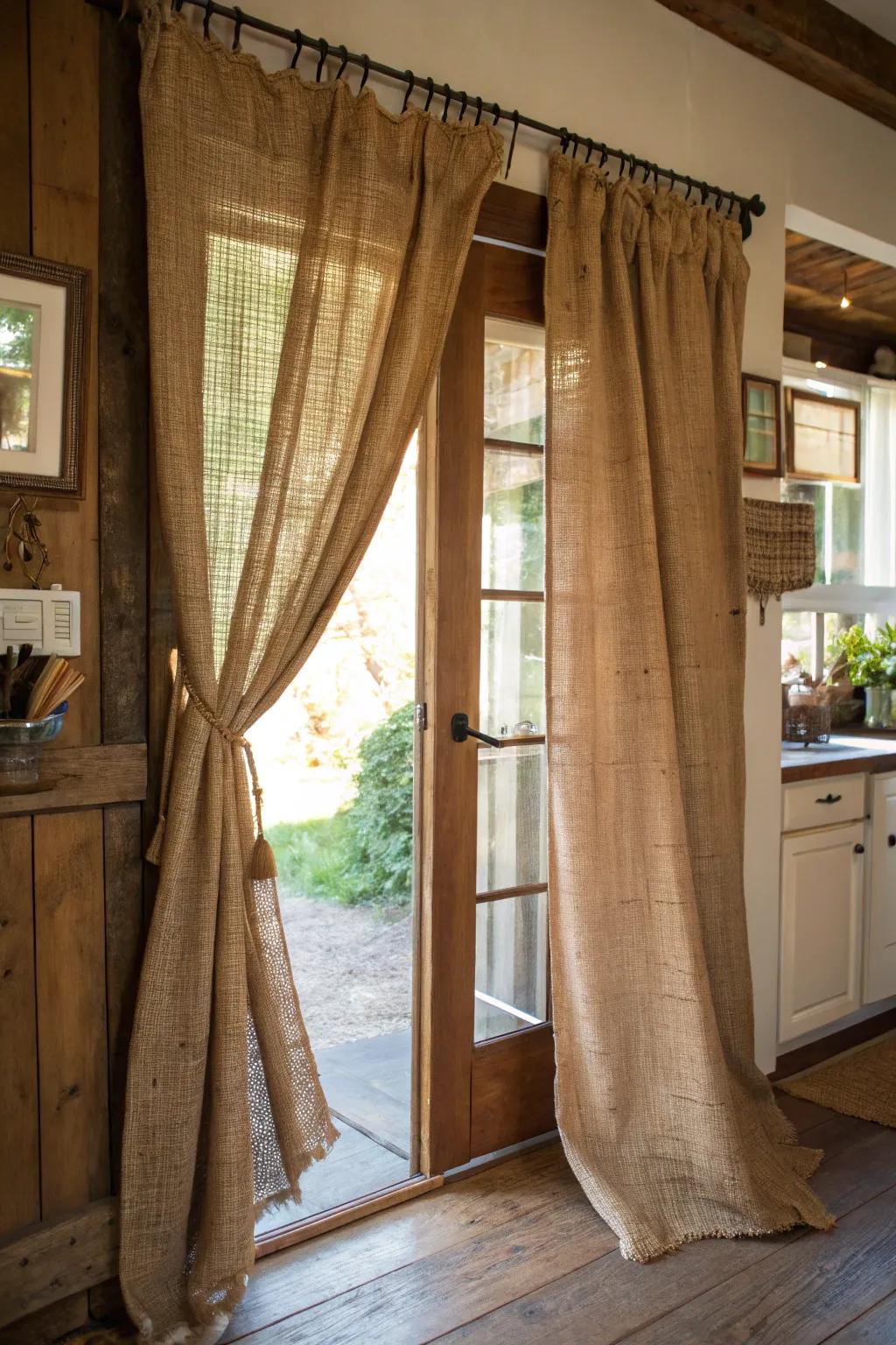 Coarse fabric drapes lend rustic warmth and texture.