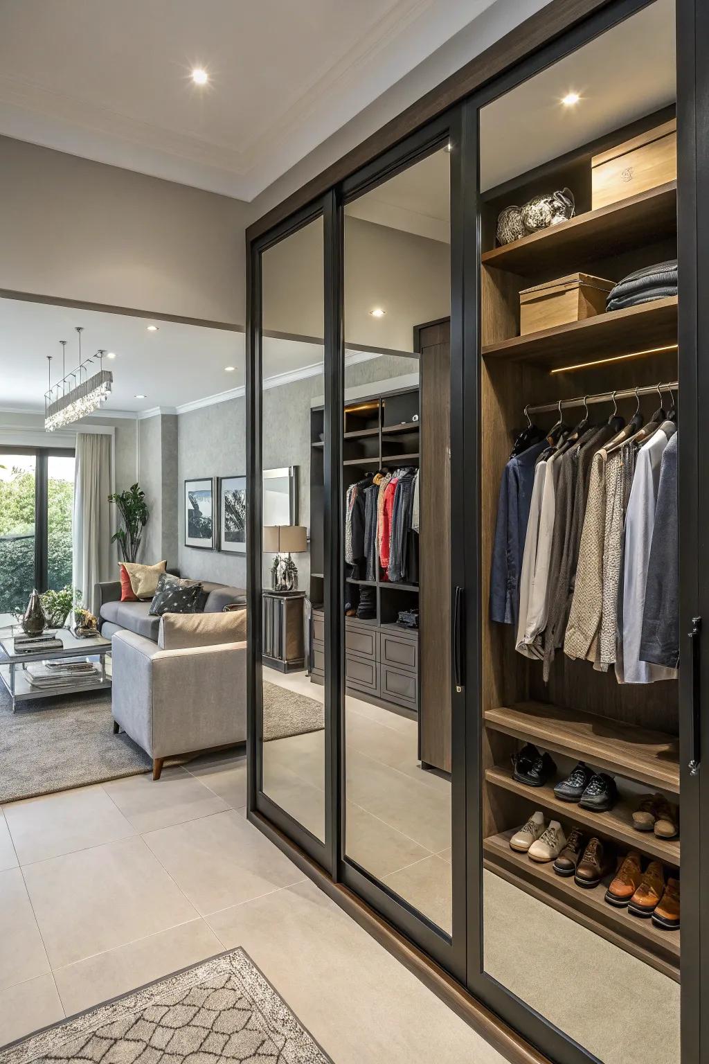 A double closet's functionality and style are enhanced by mirrored panels.
