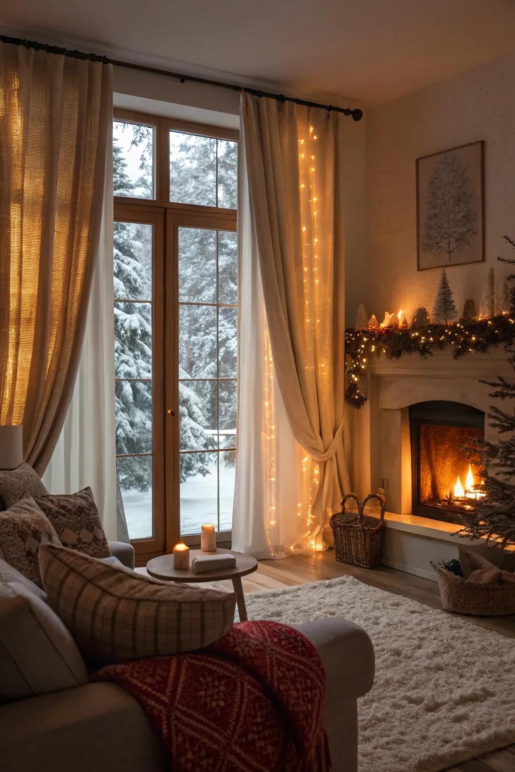 These seasonal curtain changes create a cozy winter atmosphere in this living room.