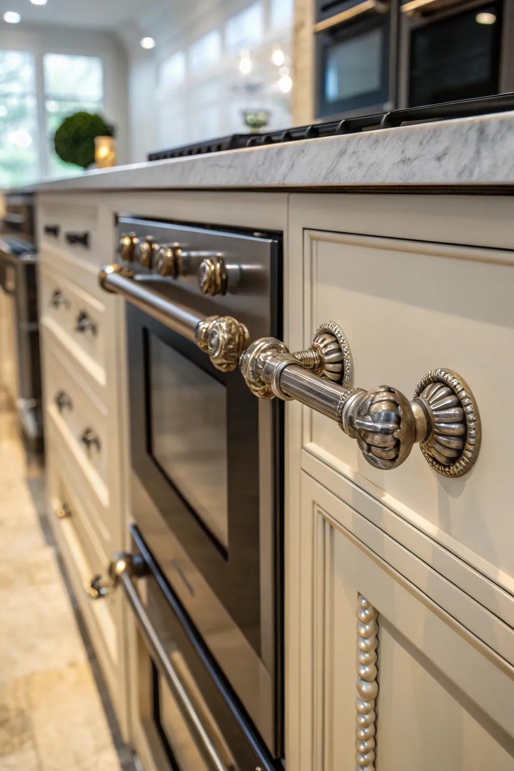 A close-up of statement handles on a double oven cabinet, showcasing unique design elements and craftsmanship.