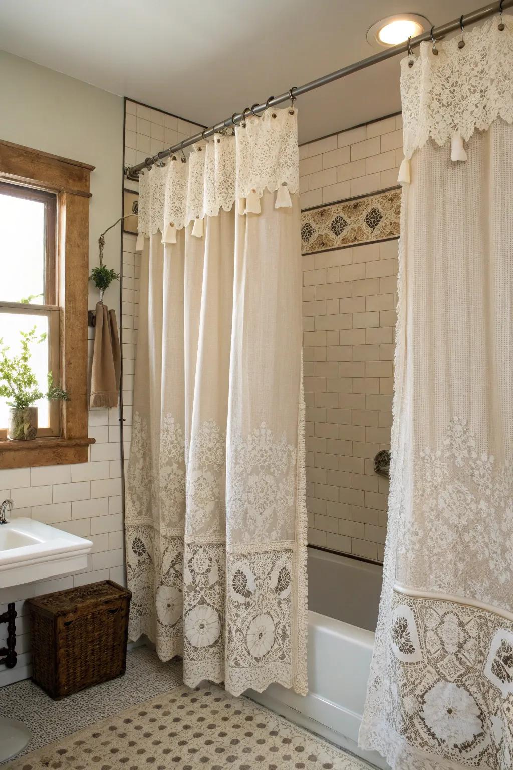 Mesh curtains append a retro allure to your lavatory decor.
