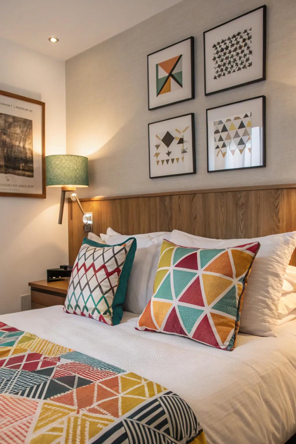 Geometric motifs inject a contemporary touch into the dramatic bedroom.