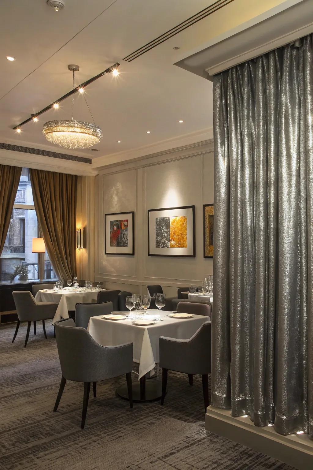 Drapes with silvery metallic elements adding a chic and contemporary flair to a dining room.