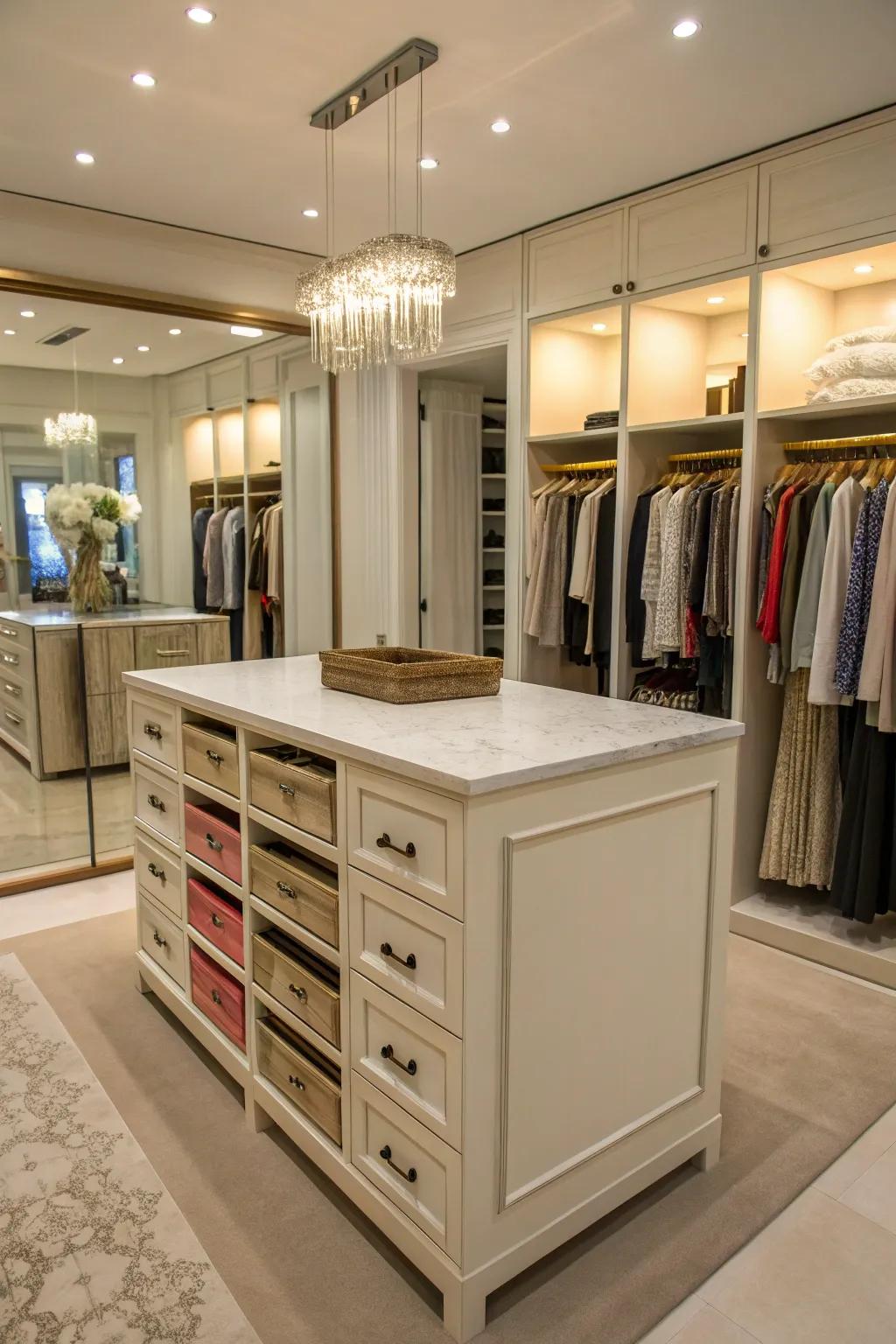 An island serves as both supplementary storing area and a fashionable centerpiece.