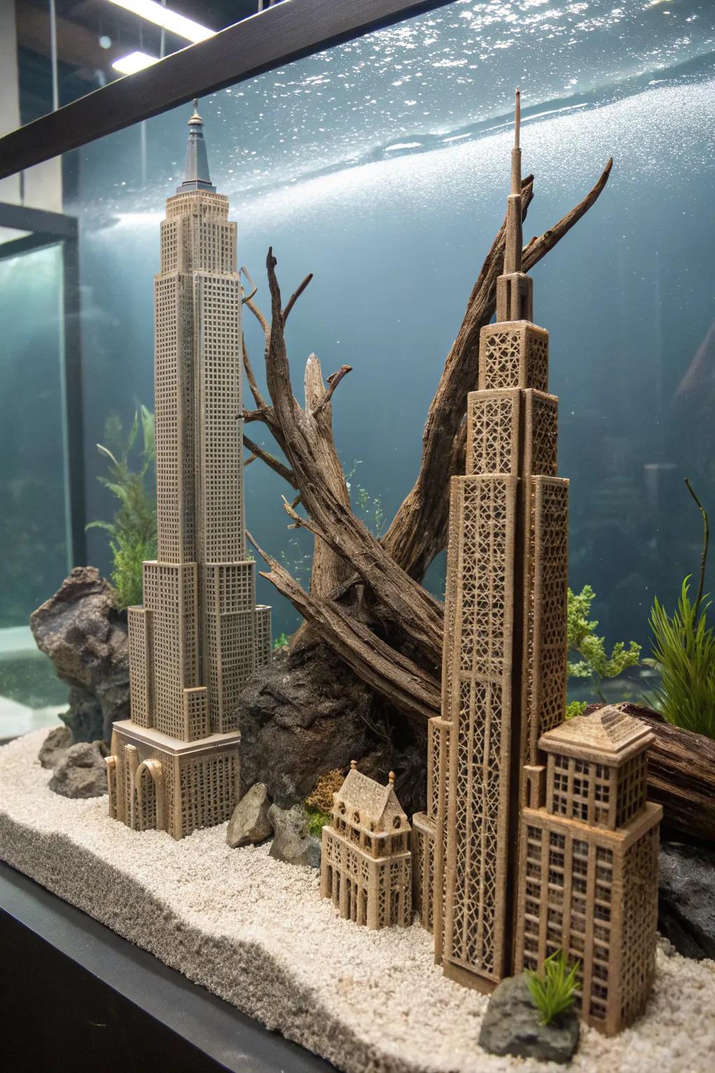 A captivating futuristic submerged cityscape waterscape featuring geometric aquatic wood.
