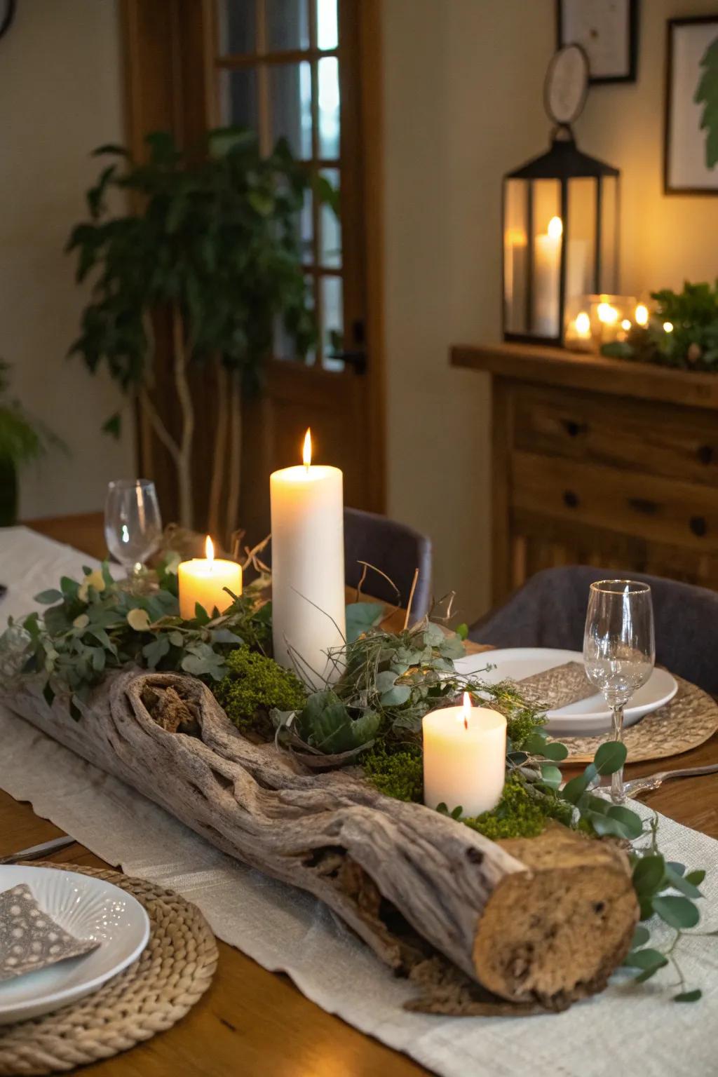 Fashion a captivating table setting with a driftwood table accent.
