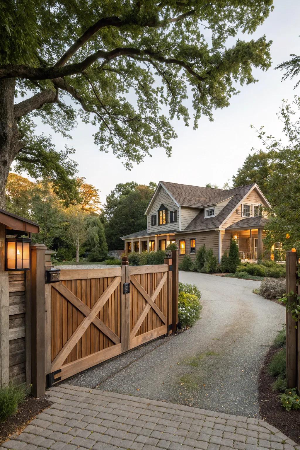 A modern farmhouse gate that combines rustic charm with contemporary style.