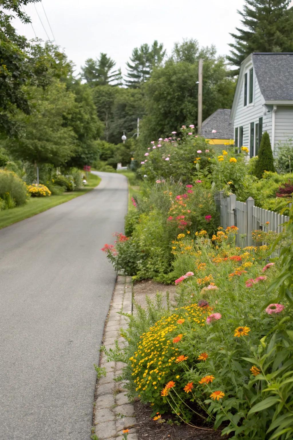 Biodiverse indigenous plant gardens lining the driveway.