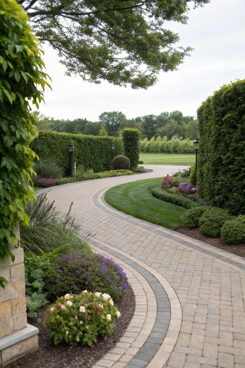 A natural progression with curved driveway paths and lush surroundings.