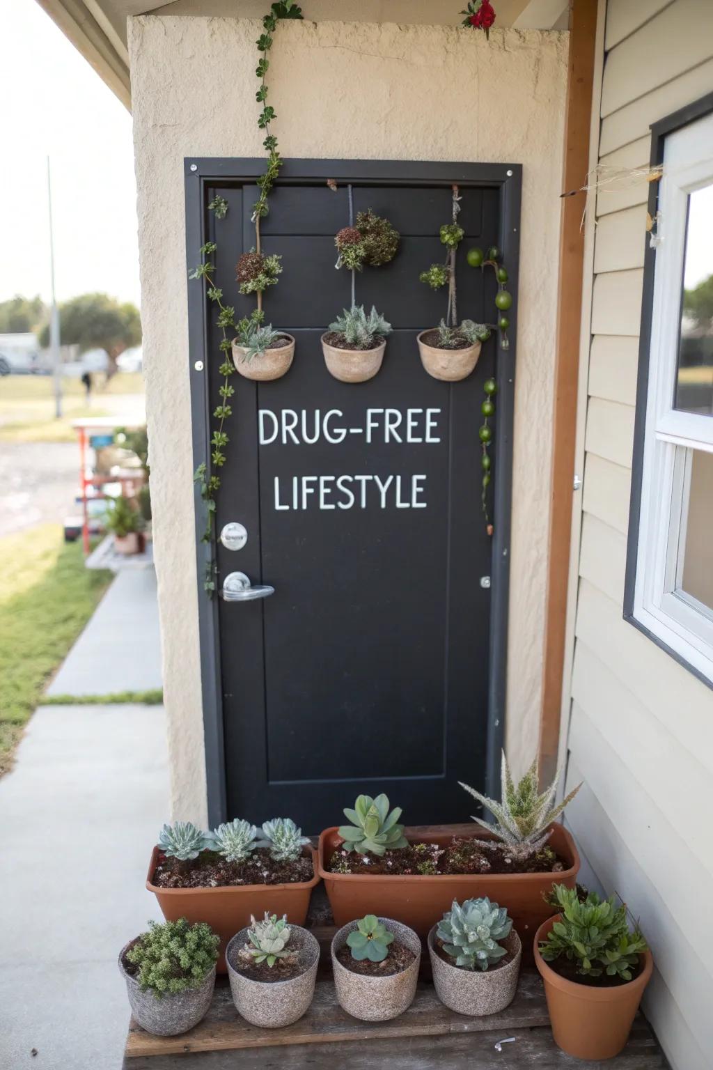 A succulent-themed door promoting a substance-free lifestyle.