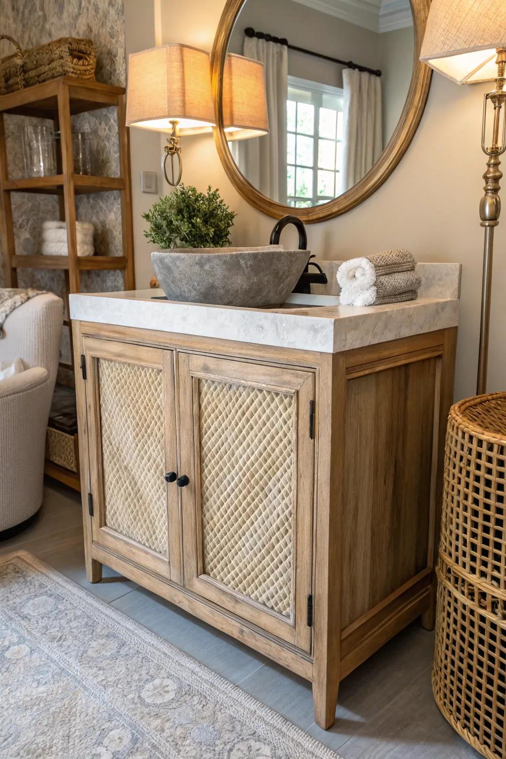 Cane weaving adds texture and bohemian flair to this reclaimed storage unit.