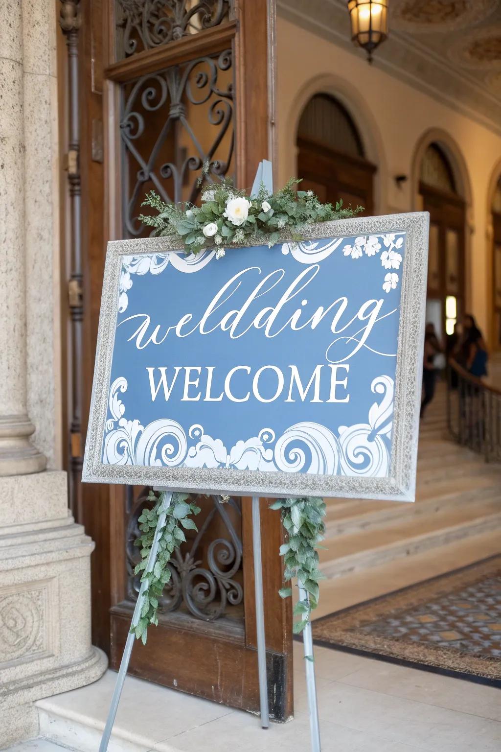 Fashionable wedding signage exhibiting hazy azure touches, welcoming guests with refinement.