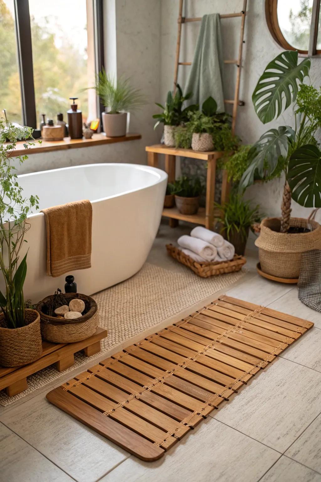 A wood bath mat introduces spa-like refinement to the bathroom.