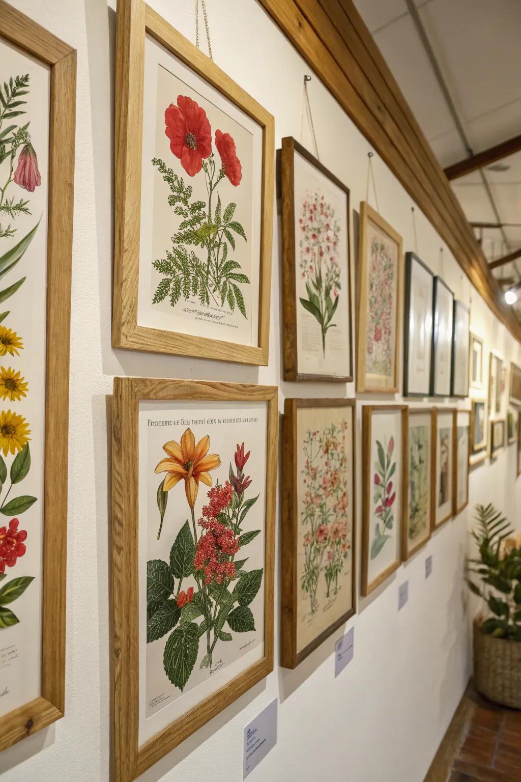 Wall adorned with botanical artwork for a touch of nature.