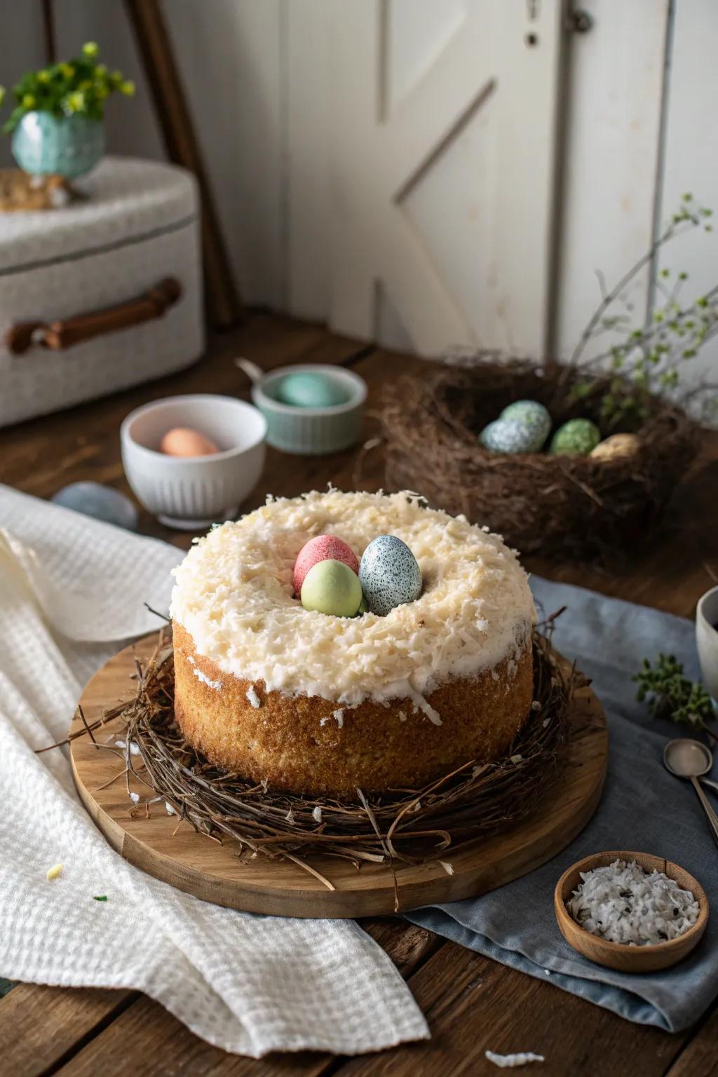 Coconut shavings fashion a charming nest effect on this cake.