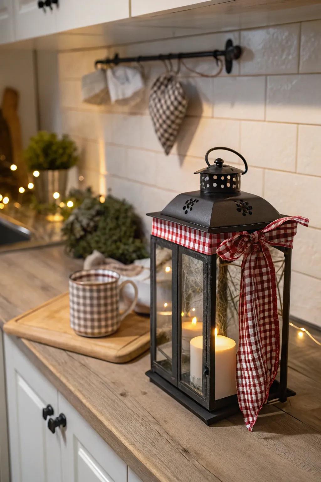 Plaid textile appends a countryside chic detail to lanterns.
