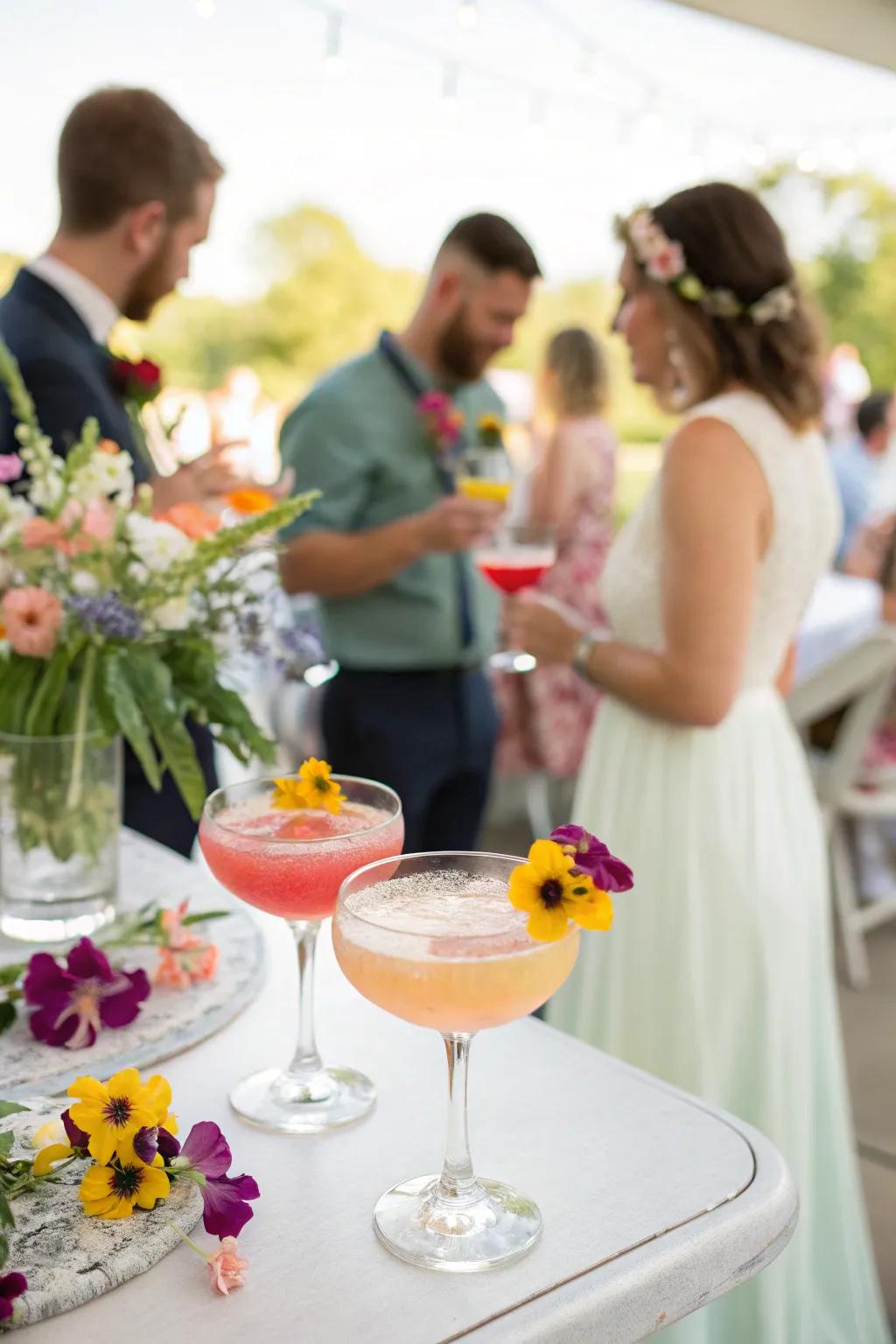 Spring cocktails with edible blossom decorations at a wedding drink hour.