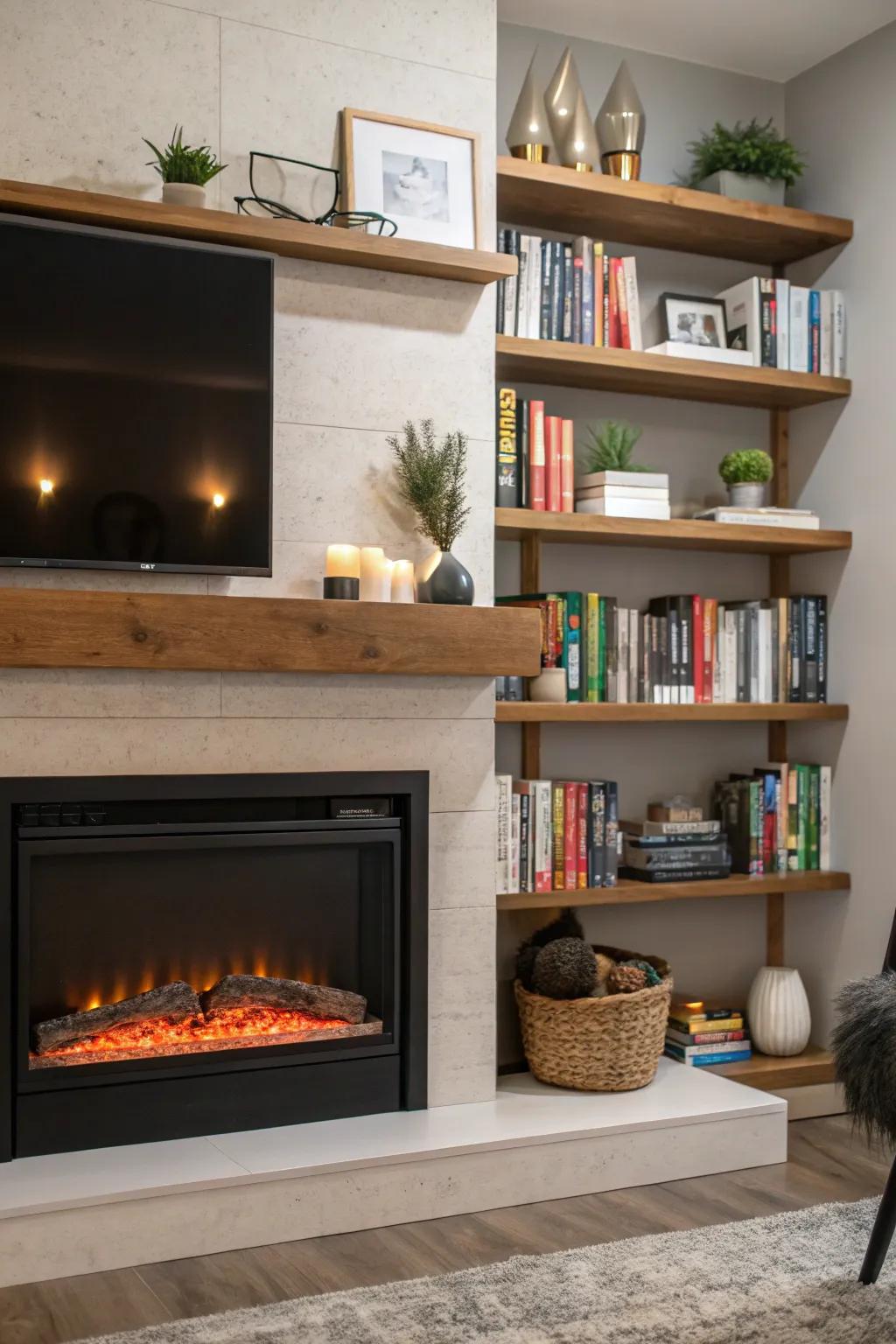 Floating shelves add style and function.