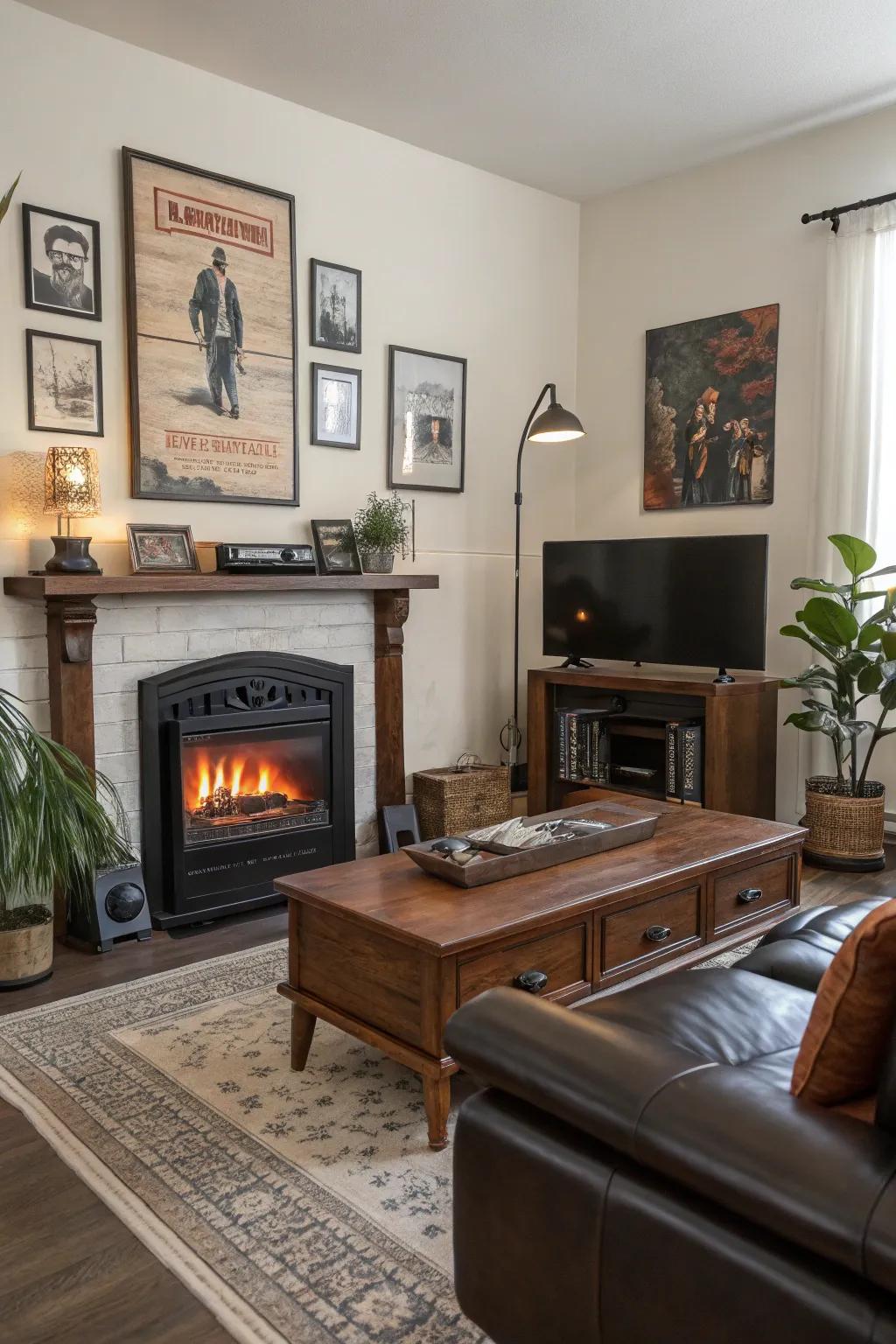 A living room blending vintage decor and a modern electric firebox