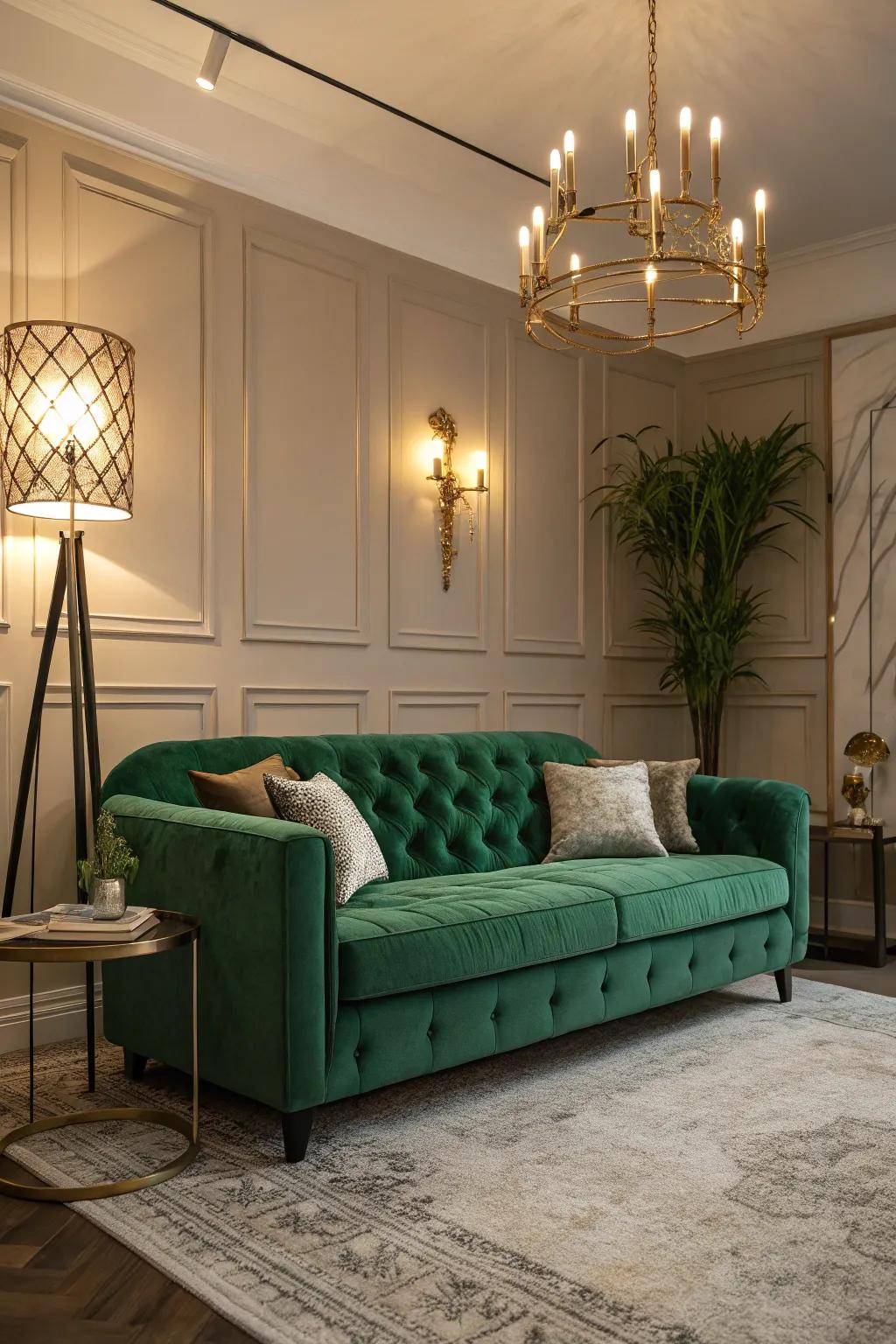 Creative lighting highlights the deep-green couch.