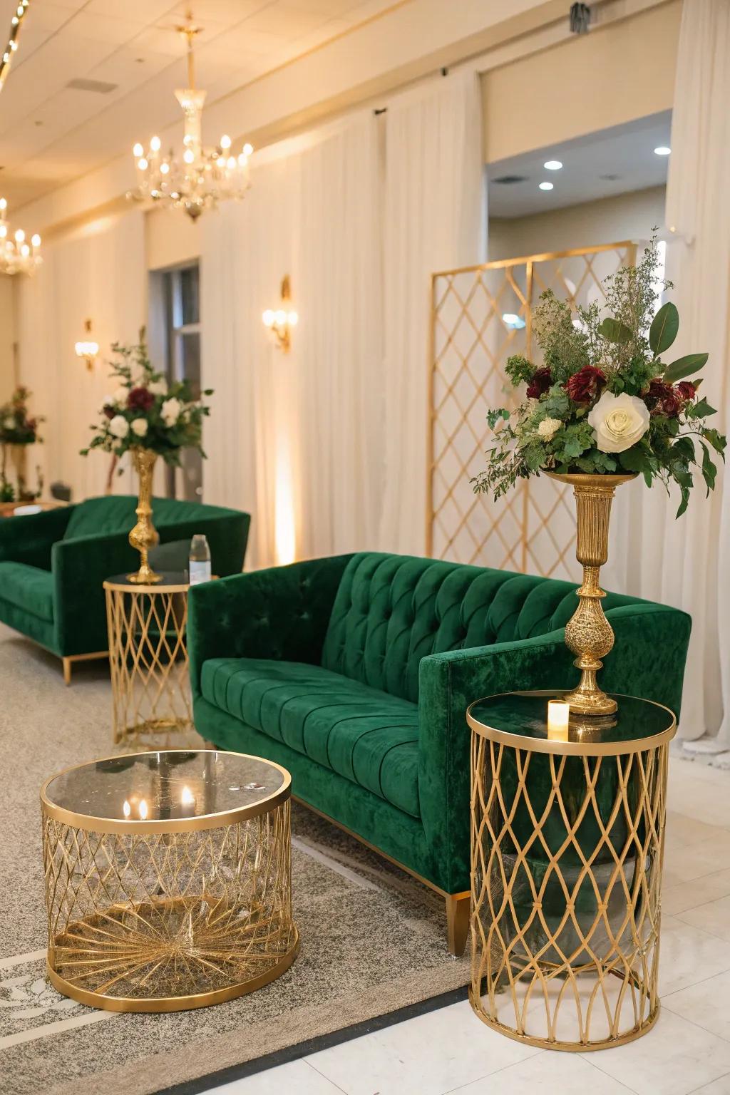 A luxurious rest space with emerald green seating.