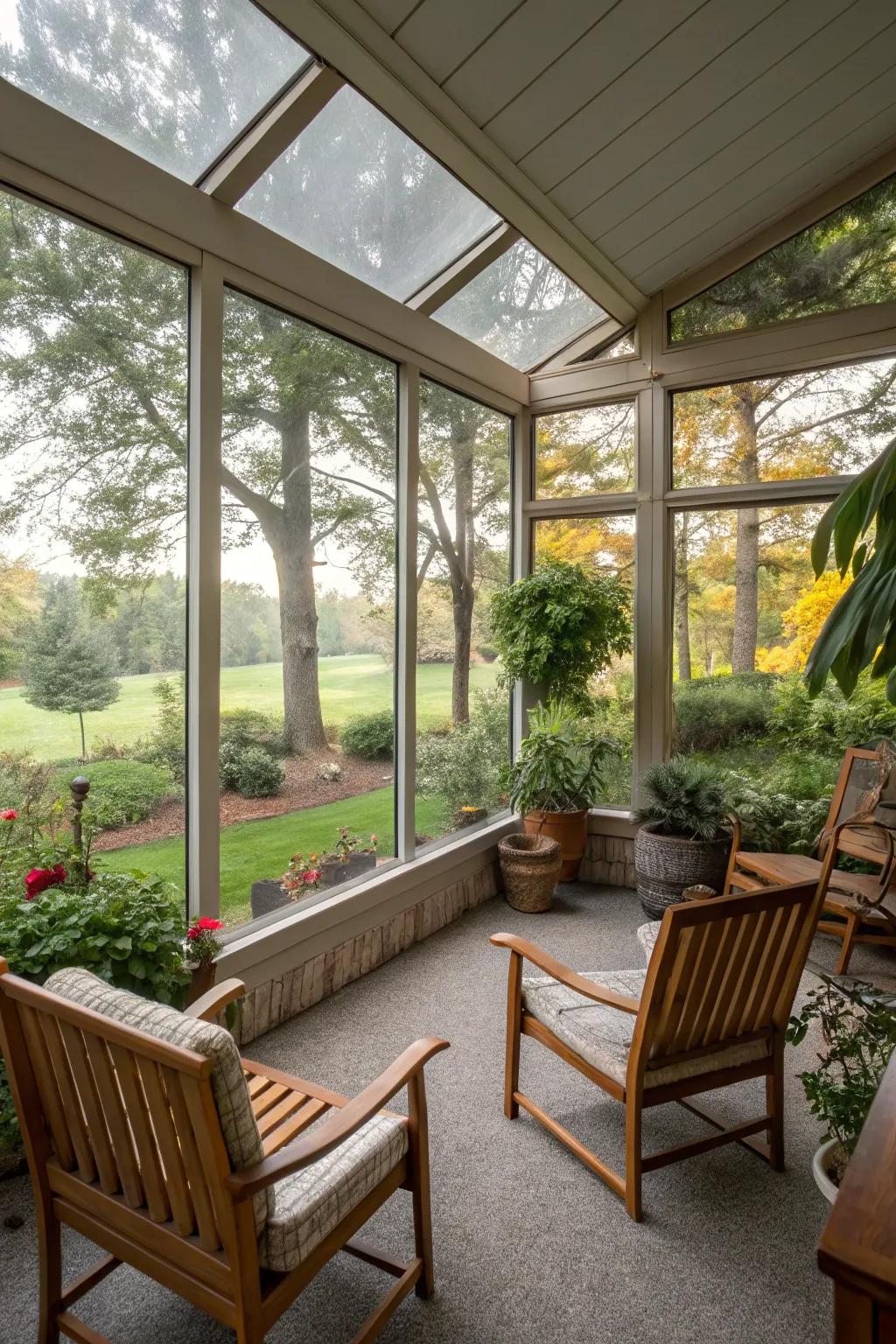 A bright porch featuring transparent boards and lush scenery.