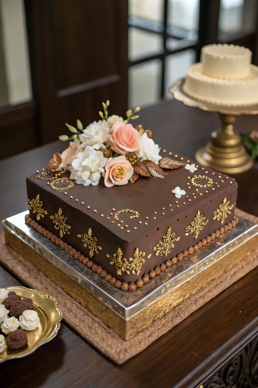 A chocolate engagement sheet cake showcasing elegant decorations.