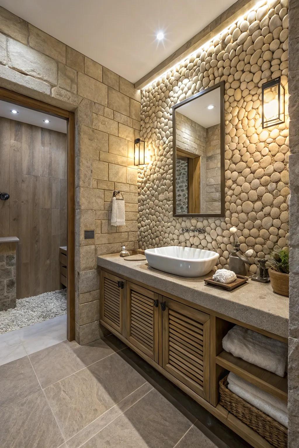 Textured surfaces enhance the tactile experience inside an attached bathroom.