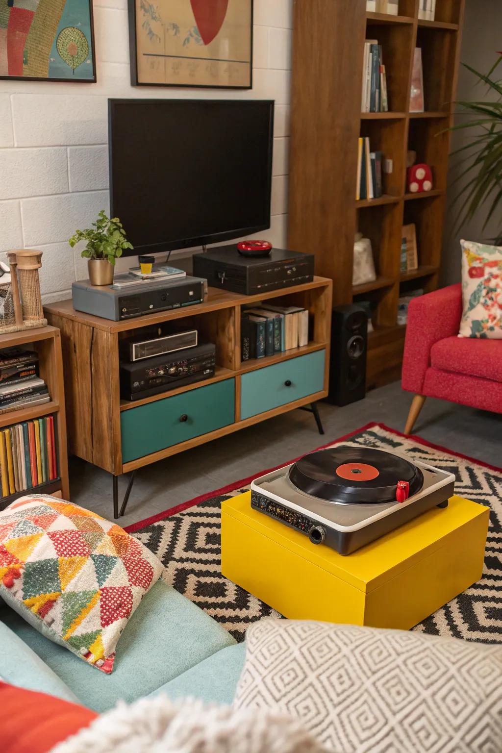 An eclectic entertainment center combining diverse styles.