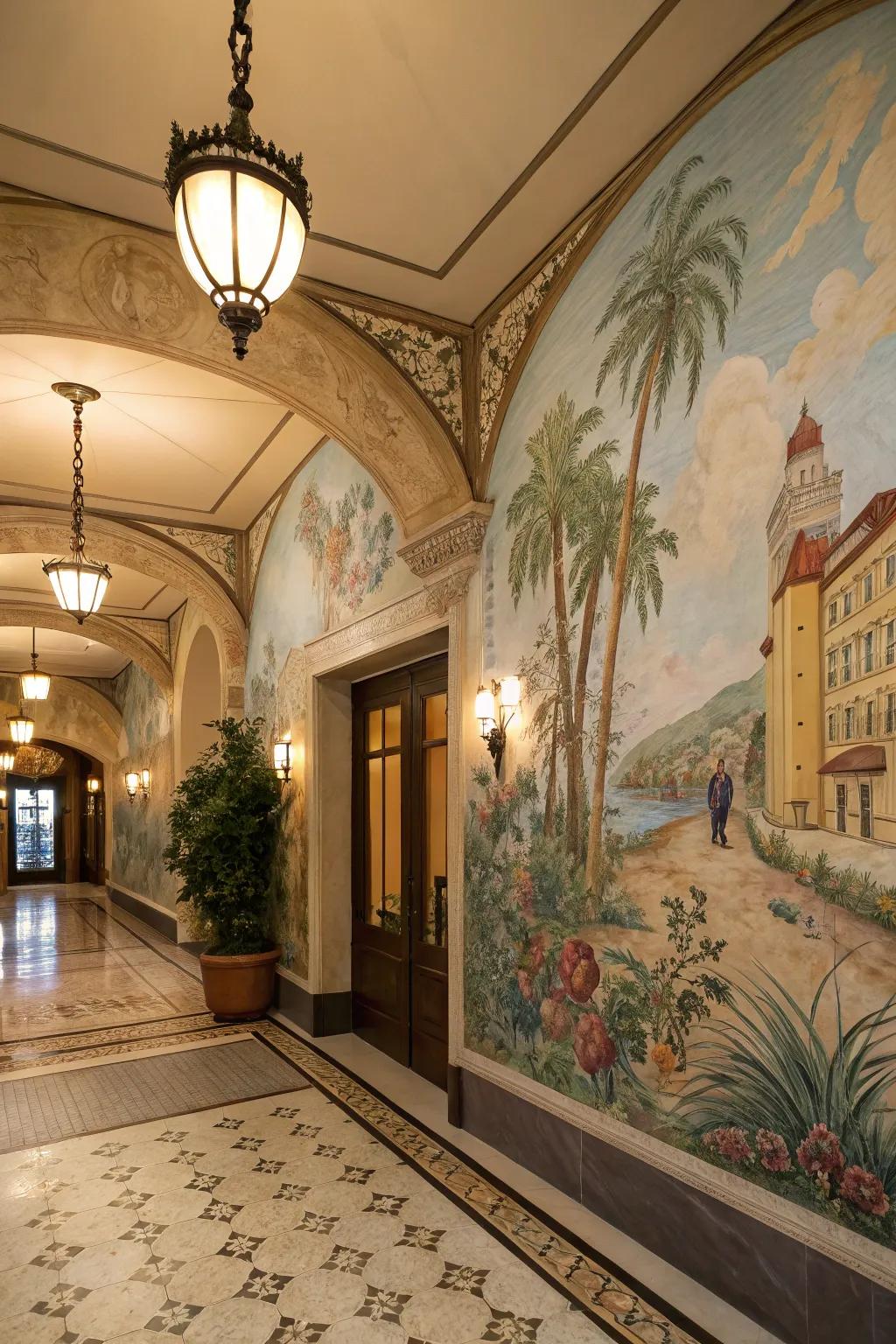 A hand-painted tableau introduces an artistic flair to the entrance.