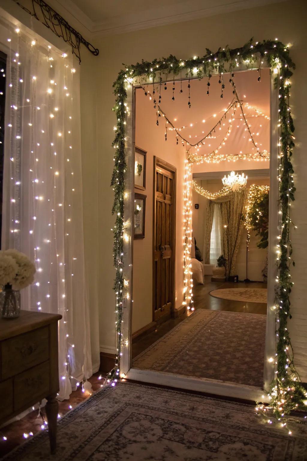 An entrance exhibiting filament lights that introduce a whimsical and enchanting ambiance.