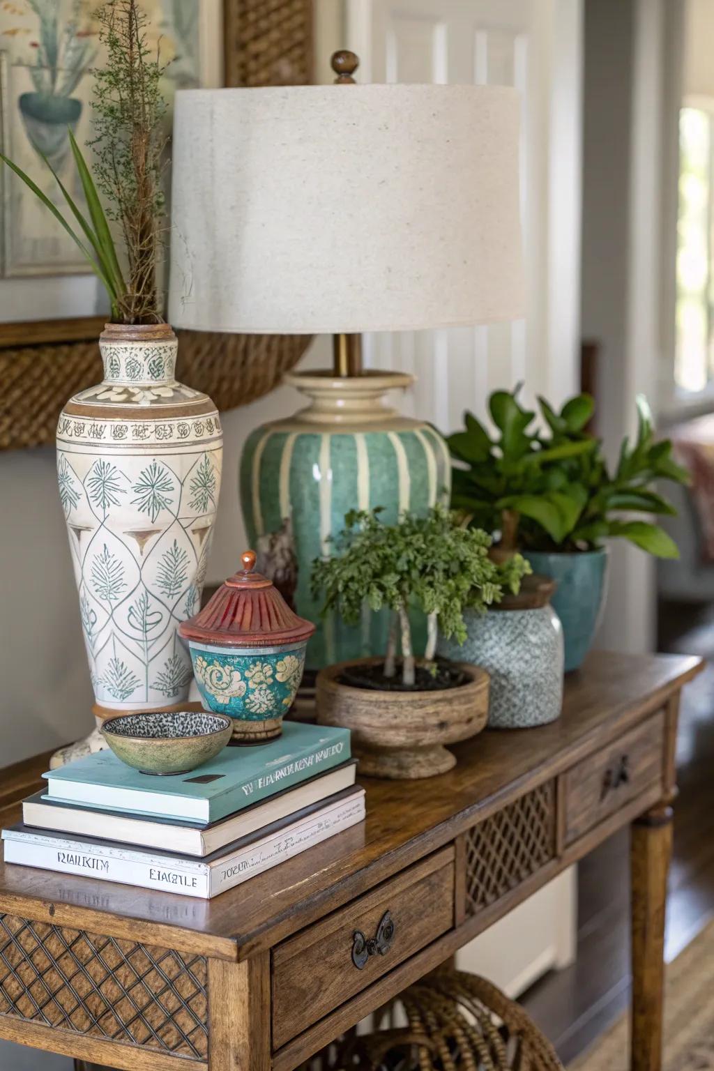 An assorted mix of decorative pieces imparts singular character.