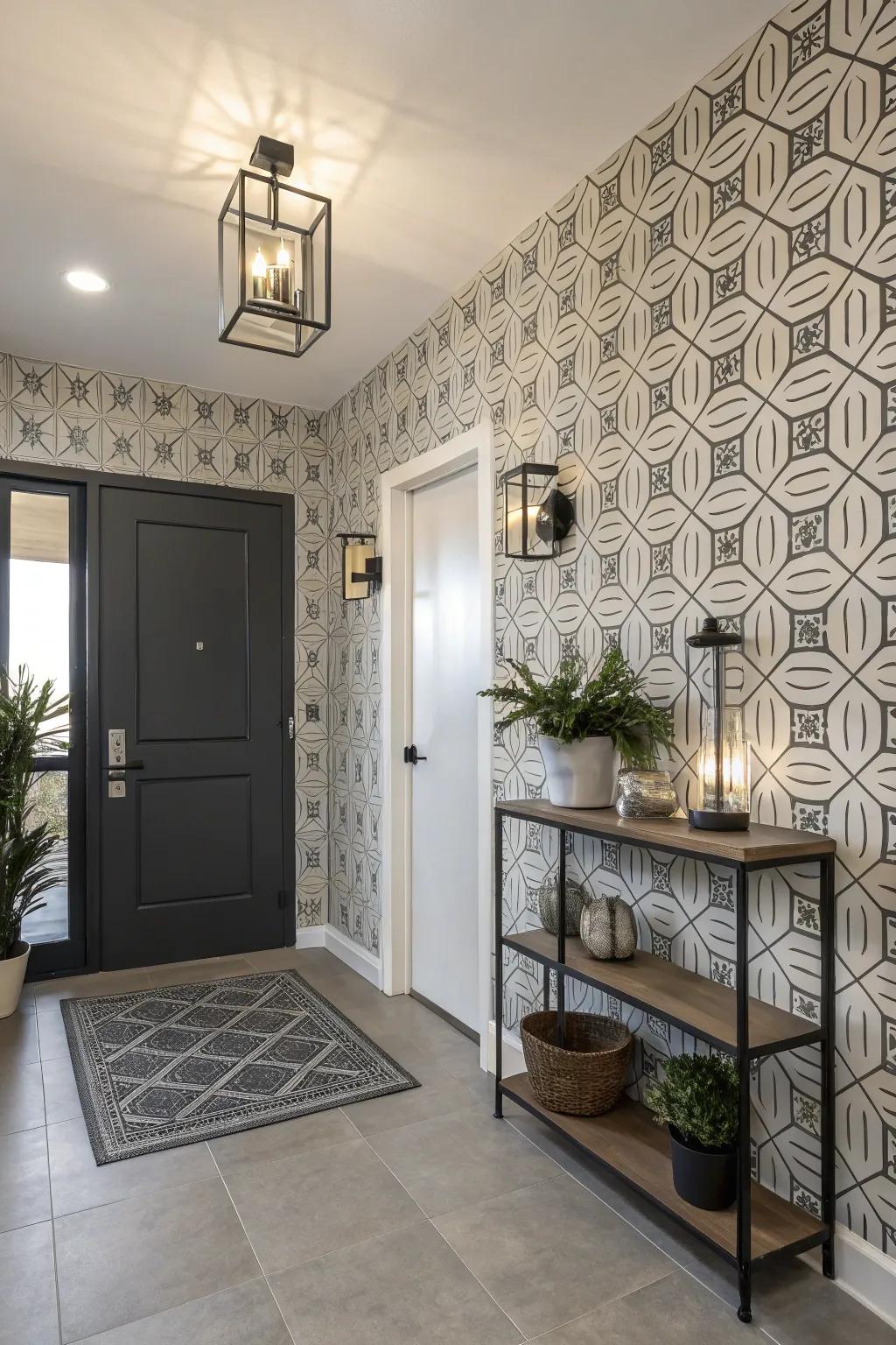 An edgy entryway displayed industrial wallpaper for an urban vibe.